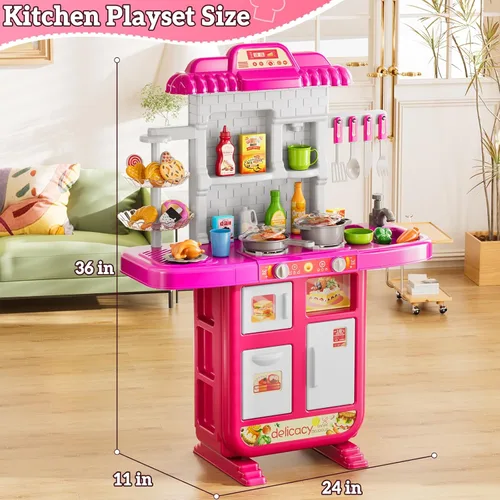 Miniatura 6 de MSKOLER Juego de cocina para niños de 3-6 4-8 años, cocina de juego con luz, sonido y pulverización, accesorios de juguete de fregadero, estufas