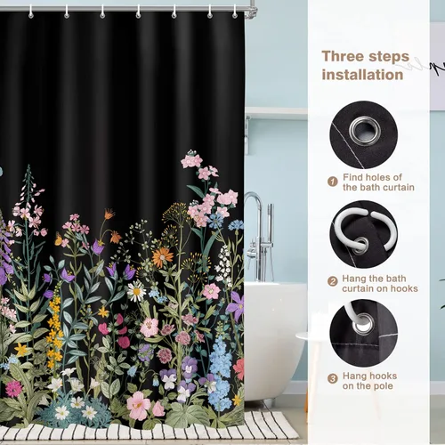 Miniatura 6 de Cortina de ducha Lalumix negra floral, cortinas de ducha con flores para baño con 12 ganchos, juegos de cortinas de ducha de tela de poliéster