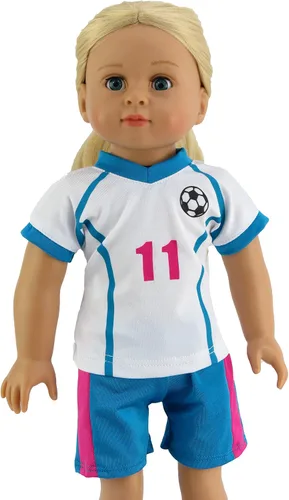 Miniatura 3 de American Fashion World Uniforme de fútbol rosa y azul para muñecas de 18 pulgadas Juego de 6 piezas Calidad premium y diseño moderno Ropa