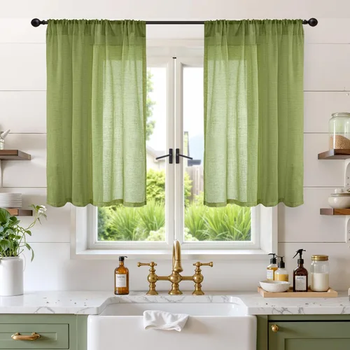 Miniatura 137 de BGment Cortinas de lino café de 30 pulgadas de largo para ventana pequeña, cortinas de media ventana beige semitransparentes ligeras con bolsillo