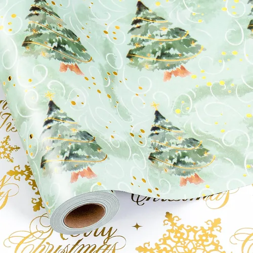 Miniatura 19 de MAYPLUSS Rollo de papel de regalo de Navidad, papel de regalo de 17 pulgadas x 16.5 pies con casa de árbol de Navidad azul marino copo de nieve