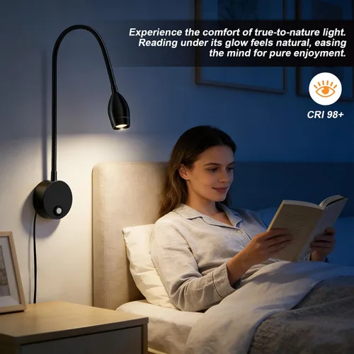Miniatura 4 de ERAY 1 paquete de 1 luz LED de lectura para cama montada en la pared Touch Control, 3 Dimmable, 360°Flexible Gooseneck Headboard Book Reading