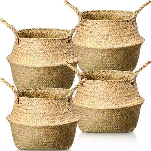 Miniatura 9 de Qunclay 4 Cestas Tejidas de Hierba Marina Belly Basket Plegable Boho Natural Maceta con Asas Redonda Decorativa de Mimbre Grande para Interiores
