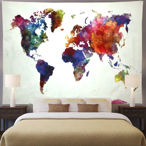 Ameyahud Tapiz de mapamundi de acuarela, tapiz educativo de geografía, pintura colorida, tapiz del mundo nacional, decoración para colgar en la