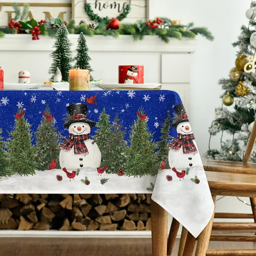 Miniatura 3 de Horaldaily - Mantel de Navidad rectangular de 52x70 pulgadas, diseño de muñeco de nieve y árboles azules, mantel lavable de temporada