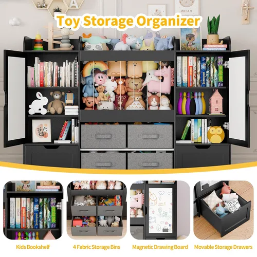 Miniatura 3 de Organizador de juguetes para niños de 61 pulgadas de ancho, estantería con 2 tablas magnéticas de dibujo, almacenamiento de animales de peluche, 2