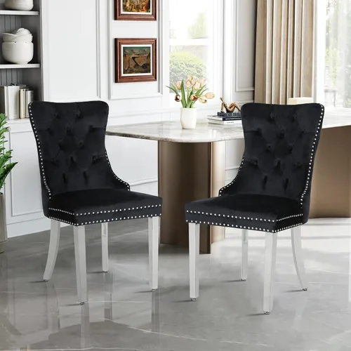 Miniatura 21 de Juego de 2 sillas de comedor de terciopelo, sillas de comedor modernas de lujo con patas de acero inoxidable doradas, sillas decorativas de cocina