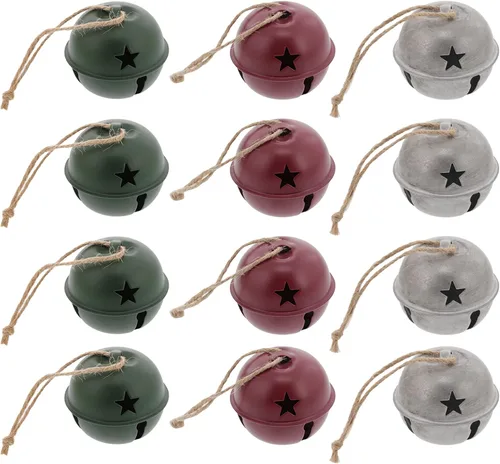 Haute Decor Jingle Bell - Adornos metálicos para árbol de Navidad, 1.97 pulgadas de diámetro, paquete de 12 colores surtidos, verde, rojo, plateado,