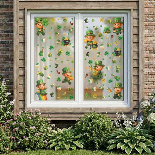 Miniatura 8 de WALPLUS Decoración de primavera para el Día de San Patricio, de doble cara, reutilizable, despegar y pegar, extraíble para ventana de duende