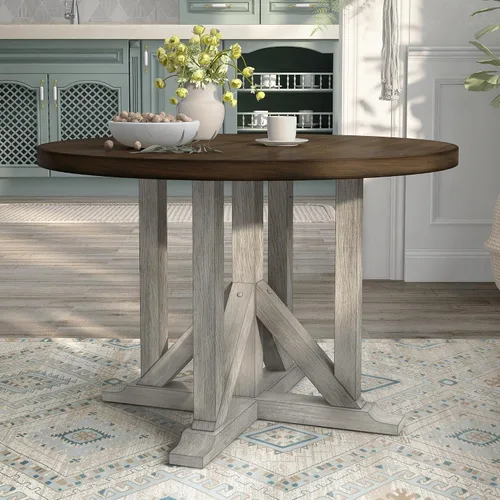 Miniatura 2 de 24/7 Shop at Home Carys Farmhouse - Mesa redonda de madera de 47 pulgadas con base de pedestal para comedor, cocina, restaurante, roble marrón