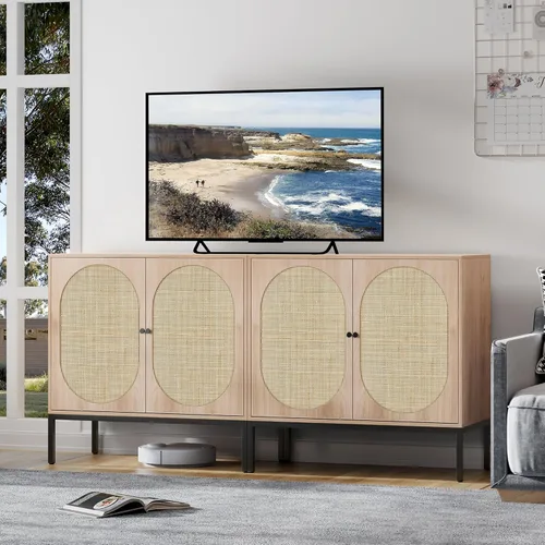 Miniatura 11 de Brafab Aparador negro con puertas decoradas de ratán natural, 31.5 pulgadas de ancho, armario de almacenamiento de ratán Credenza, gabinete bohemio