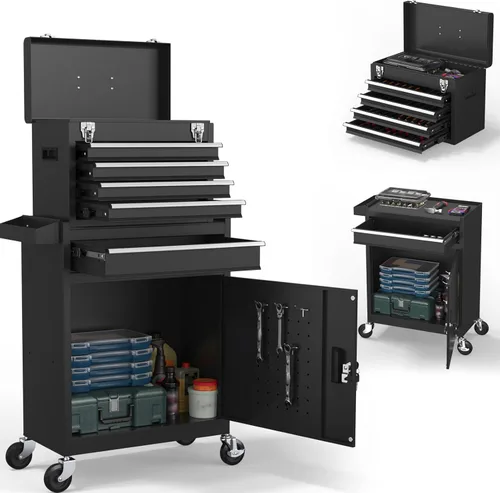 Cofre de herramientas de 5 cajones, caja de herramientas rodante 2 en 1 con ruedas y cajones, caja de herramientas de almacenamiento desmontable con