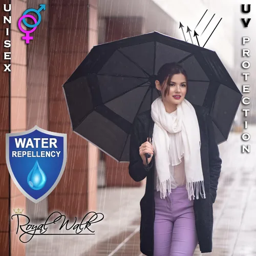 Miniatura 5 de Royal Walk Paraguas de viaje plegable resistente al viento, compacto y fuerte, mango de madera real, cierre automático, doble toldo ventilado