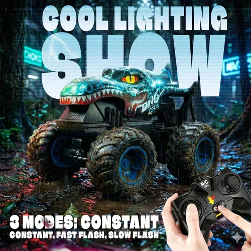 Miniatura 3 de BEZGAR Monster Truck Toys - Camión monstruo de control remoto con luz y música, juguetes de dinosaurios para niños, camión RC a escala 1:20 con Azul