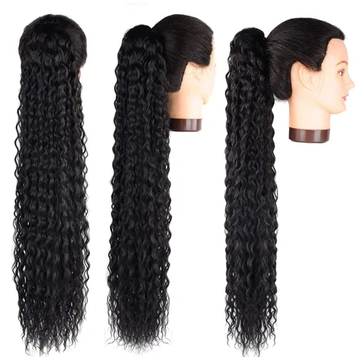 Miniatura 4 de Cola de caballo larga y rizada con cordón de 30 pulgadas, extensiones de cola de caballo sintéticas con clip, color negro para mujer, afro rizado