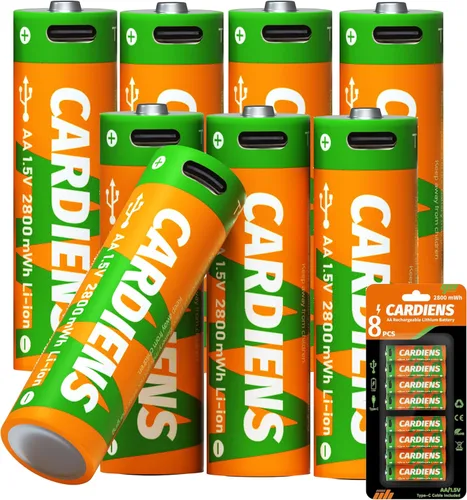 Baterías AA recargables USB 2800mWh, baterías AA de litio recargables de 1.5 V, doble A, con cable de carga USB-C 4 en 1 e indicador de carga LED,