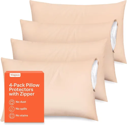 Juego de 4 fundas de almohada ultrasuaves con cremallera tamaño Queen, 100% protección contra manchas, polvo y suciedad, lavables a máquina (beige)