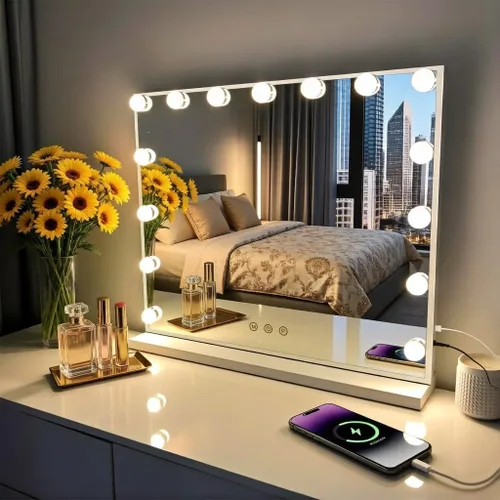 Kottova Espejo de tocador con luces, espejo de maquillaje iluminado de 23 x 18.1 pulgadas con 15 bombillas LED regulables, espejo Hollywood con