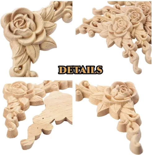 Miniatura 3 de Apliques tallados en madera, 8 piezas de calcomanías de esquina de rosa, tallados de roseta de madera sin pintar para puerta, gabinete, repisas
