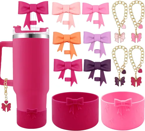 Miniatura 13 de Conjunto de accesorios para taza Hpebl para Stanley, incluye 2 tapas de pajita con moño lindo de 10 mm, tapones reutilizables para pajita, 1 funda