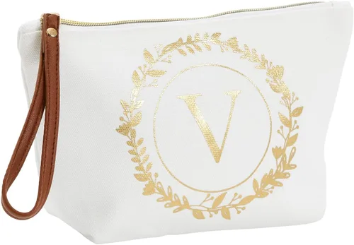 Miniatura 13 de Bolsa de maquillaje personalizada con inicial dorada para mujer, bolsa de cosméticos de lona con monograma, color blanco, Blanco, Dorado, B