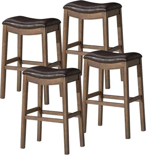 Miniatura 21 de Maven Lane Adrien Taburete de bar sin espalda, asiento de silla de montar de 31 pulgadas con reposapiés, marco de madera maciza gris y tapicería