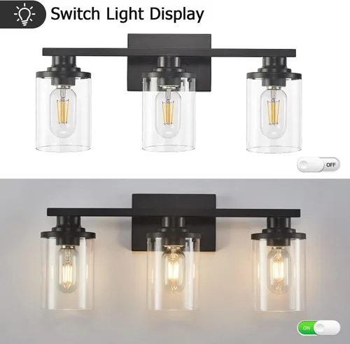 Miniatura 6 de 3 Luces Negras para Tocador de Baño con Pantalla de Vidrio Transparente, Apliques de Pared Modernos de Iluminación para Baño Sobre Espejo