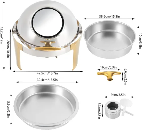 Miniatura 4 de Juego de bufé de platos de rozamiento enrollable de acero inoxidable de 6.3 cuartos de galón, con bandeja para alimentos y bandeja de agua