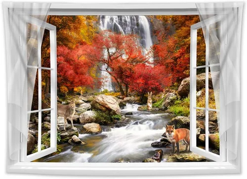 Miniatura 11 de HVEST Tapiz de bosque otoñal para colgar en la pared, hojas de arce naranja y sol, tapiz para colgar en la pared, tapiz de hojas de árbol de otoño