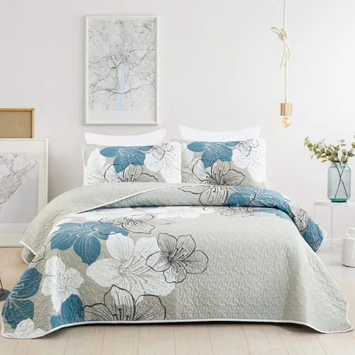 Miniatura 16 de DJY Juego de edredón de 3 piezas, tamaño completo, diseño floral azul, elegante colcha bohemia con 2 fundas de almohada, juego de edredón ligero