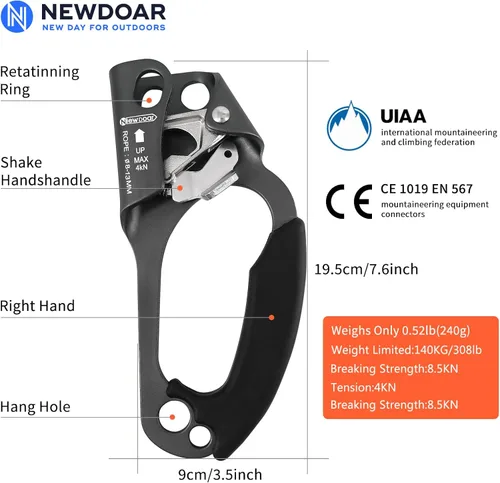 Miniatura 2 de NewDoar Certificado UIAA y CE - Ascendedor de mano para escalada en roca, arborista, equipo de rapel para cuerda de 8~13MM Gris-Derecho