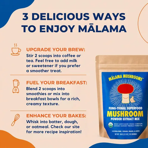 Miniatura 5 de Polvo de extracto de 8 hongos por Malama, mezcla orgánica de hongos corporales con melena de león, reishi, cordyceps, chaga, cola de pavo