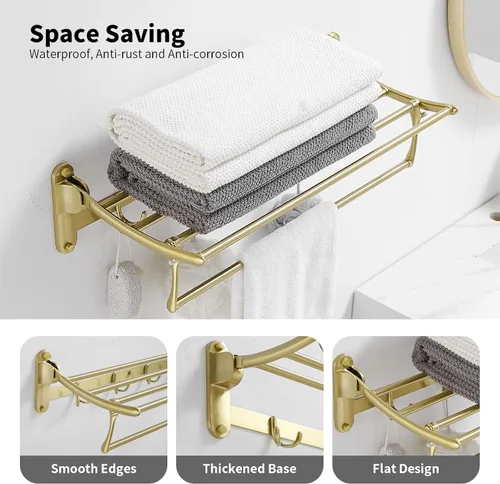 Miniatura 2 de BESy Toalleros de 24 Pulgadas en Oro Cepillado, Estante de Toallas de Baño con Barra Plegable y Ganchos para Toallas, Accesorios de Baño