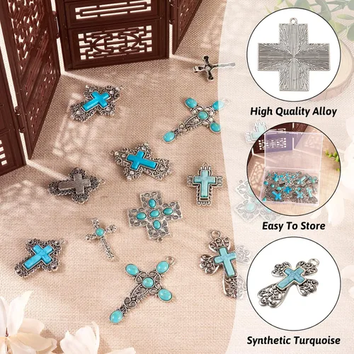 Miniatura 2 de Pandahall - 14 dijes de cruz de piedra turquesa, estilo tibetano, turquesa, gran colgante, aleación, religión, cruz, joyería de turquesa occidental