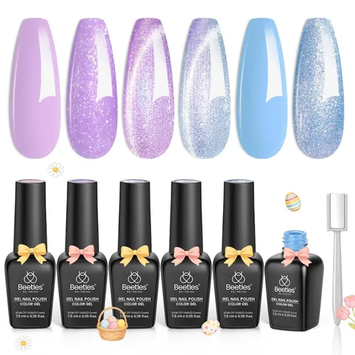 Miniatura 19 de Beetles - Juego de esmaltes de uñas de gel para boda, 6 colores, color nude, rosa, malva, blanco, con brillantina, para remojar con luz UV LED, arte