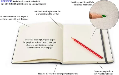 Miniatura 8 de Leda Art Supply Cuaderno de bocetos grande de 160 páginas con tapa blanda para artistas, cuaderno de dibujo de cuero para todos, ideal para tinta