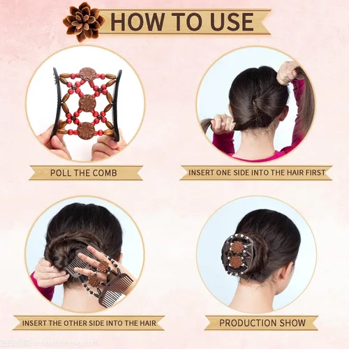 Miniatura 4 de Yeshan Peines Mágicos para el Cabello para Mujeres con Cuentas de Madera Elásticos Extensibles Dobles Peines Laterales Ajustables Clips Elásticos