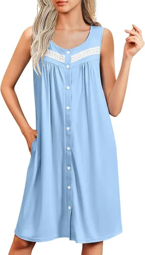 Miniatura 9 de Ekouaer Camisones para mujer, con botones, sin mangas, suave, con bolsillos, tallas S-XXXL