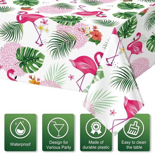 Miniatura 3 de Paquete de 3 manteles de verano con diseño de flamenco para fiestas, mantel de plástico tropical hawaiano, mantel desechable Luau para verano