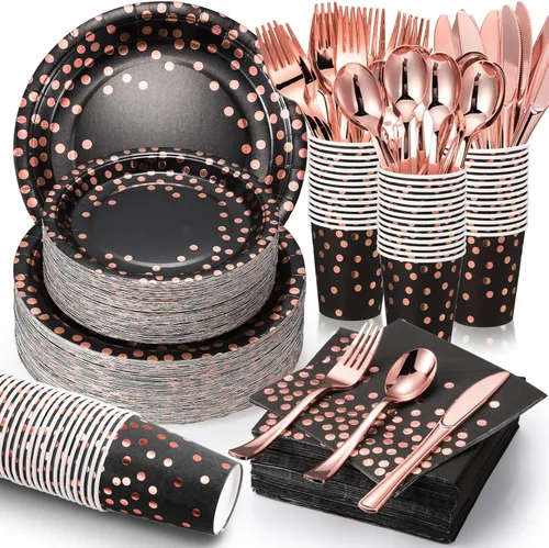 700 piezas de suministros de fiesta de color negro y oro rosa para 100 invitados, juegos de vajilla desechables, platos de papel de oro rosa negro,