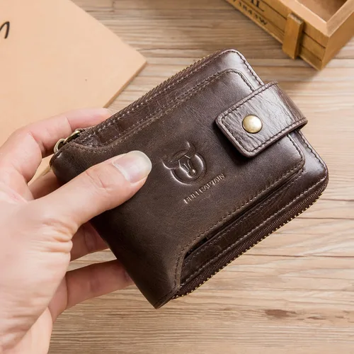 Miniatura 103 de LUKZIJAES Billetera de cuero genuino para hombre, con bloqueo RFID, delgada, plegable, bolsillo frontal, #3-Café, Vintage