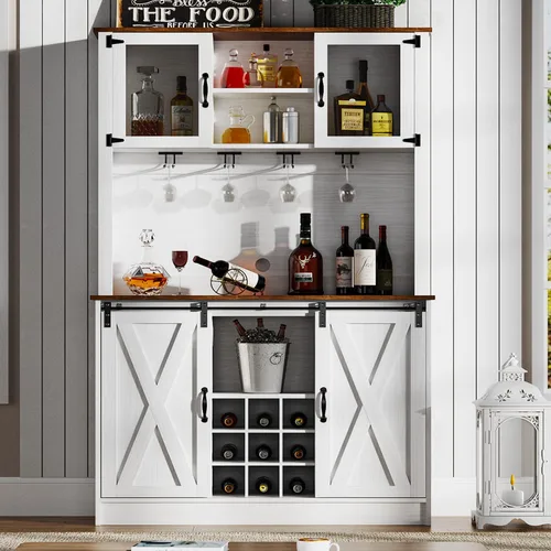 Miniatura 7 de 4ever2buy - Gabinete de café-bar de granja con aparador, gabinete de buffet de 31 pulgadas con puerta corrediza de granero, gabinete de barra