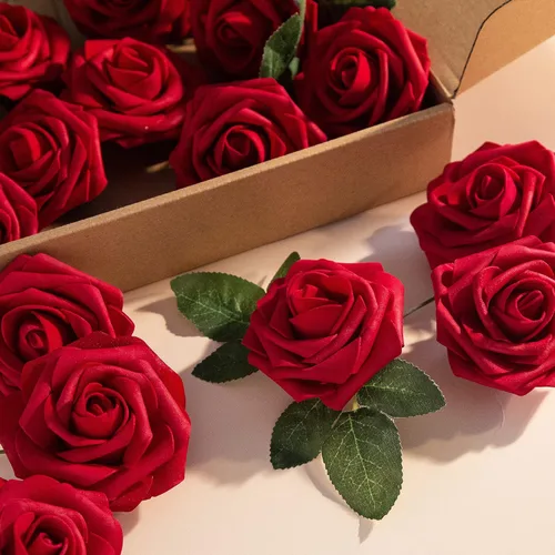 Miniatura 2 de Rosa artificial de espuma de 25 piezas de rosas falsas de aspecto real con tallos y hojas para decoración del hogar, fiestas, jardín, centros