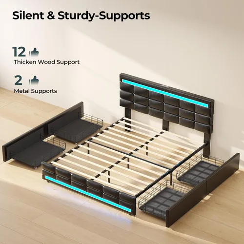 Miniatura 6 de ADORNEVE Base de cama de tamaño matrimonial con cajones de almacenamiento, cabecera con luces LED, plataforma de cuero tapizada con 2 puertos USB
