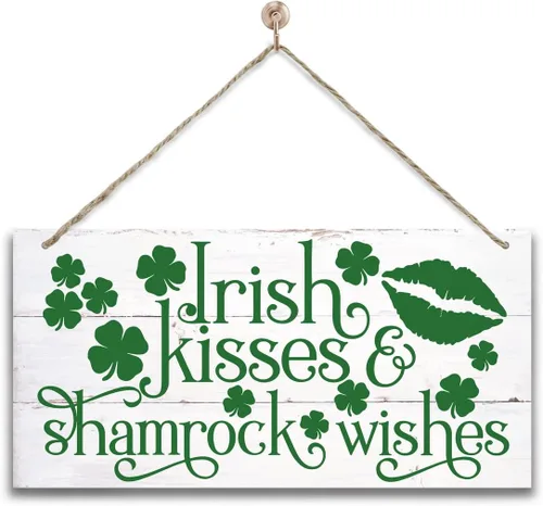 Divertido arte de madera del día de San Patricio, besos irlandeses y deseos de trébol impreso, letrero para el hogar, decoración de puerta colgante