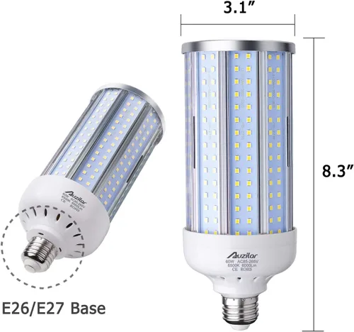 Miniatura 2 de Paquete de 2 bombillas LED de maíz (equivalente a 500 W) de 60 W, 6000 lúmenes, 6500 K, gran área, luz blanca fría, E26/E27, base mediana