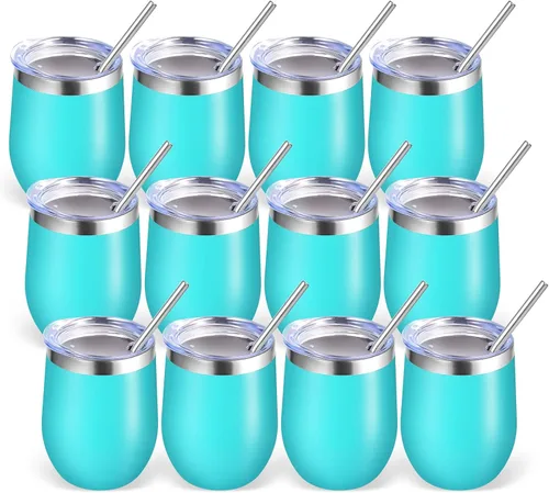 Miniatura 10 de Volhoply - Juego de 12 vasos de vino de 12 onzas con tapa, hechos de acero inoxidable con aislamiento al vacío de doble pared, vasos de vino sin Rosa