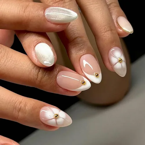 Miniatura 22 de Uñas postizas a presión de almendra marrón, medianas con diseños de leopardo y purpurina, uñas postizas en forma de almendra otoñal, uñas acrílicas