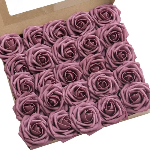Ling's moment Flores Artificiales 25 Piezas Rosas Color Malva para Decoración con Tallos, 3" Tacto Real DIY Espuma Floral para Ramo de Boda/Centros