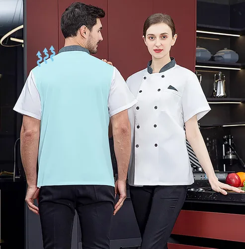 Miniatura 3 de Chaqueta de chef unisex con doble botonadura trasera, malla completa, ligera, costura de color, uniforme de chef